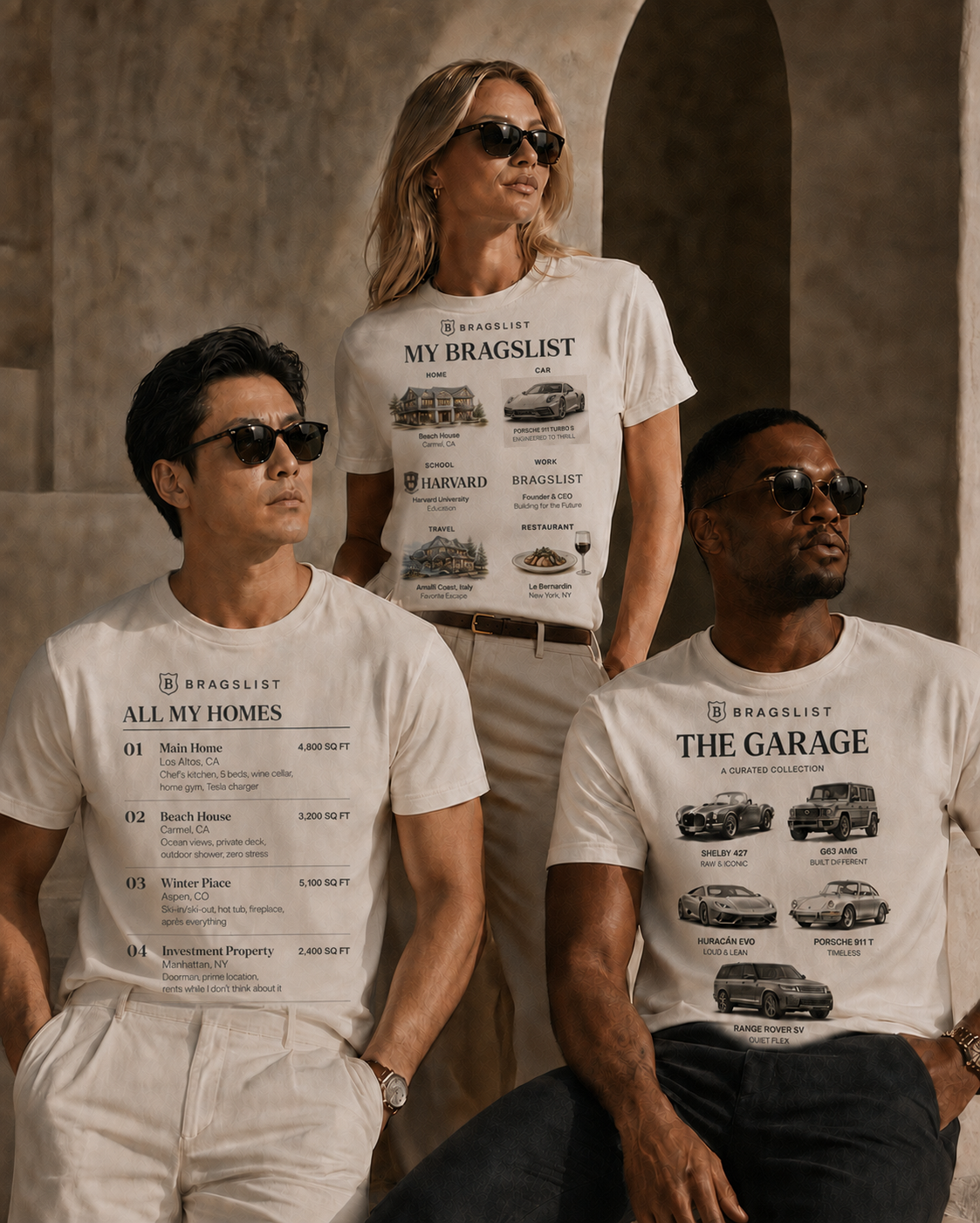 Three stylish models wearing Bragslist shirts, used as a funny campaign ad image.