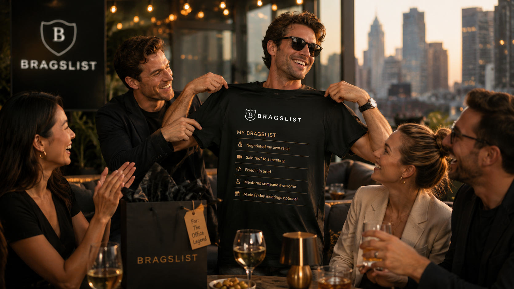 Bragslist campaign sample featuring a celebratory brag shirt
